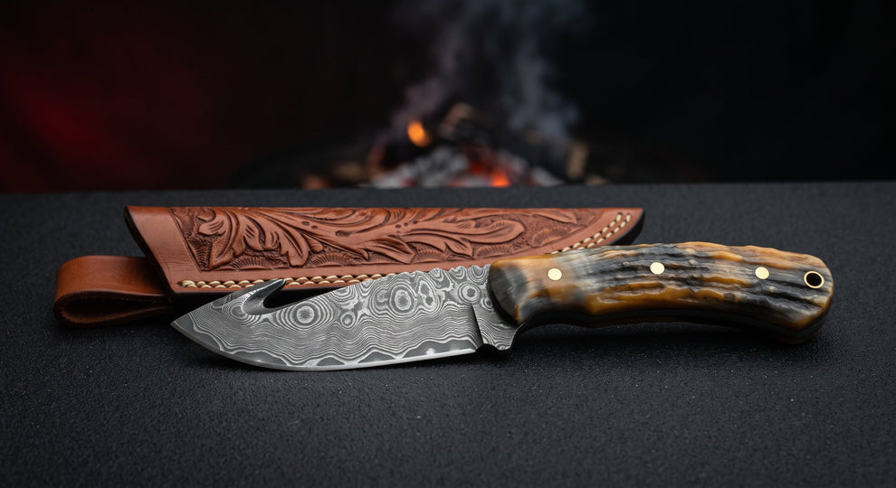 Damascus gut hook hunting knife with a raindrop pattern blade and ridged ram horn handle beside a hand carved leather sheath