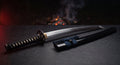 Hand forged clay tempered katana with a visible hamon, black ito wrap and a wooden black lacquer saya