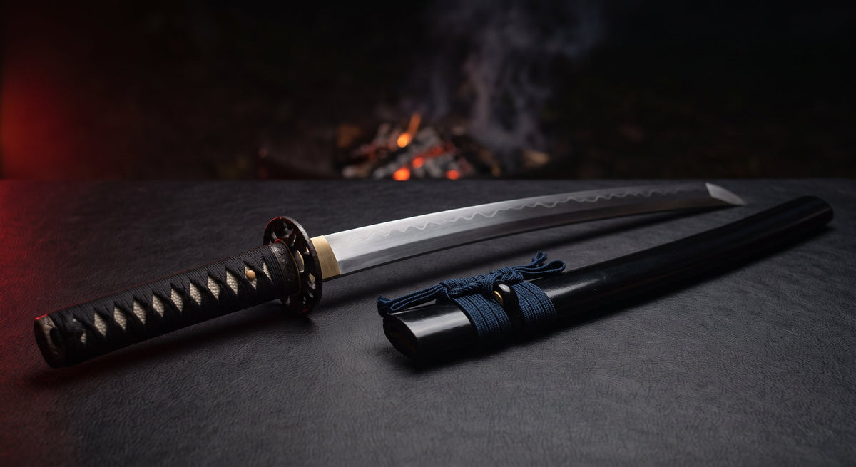 Hand forged clay tempered katana with a visible hamon, black ito wrap and a wooden black lacquer saya