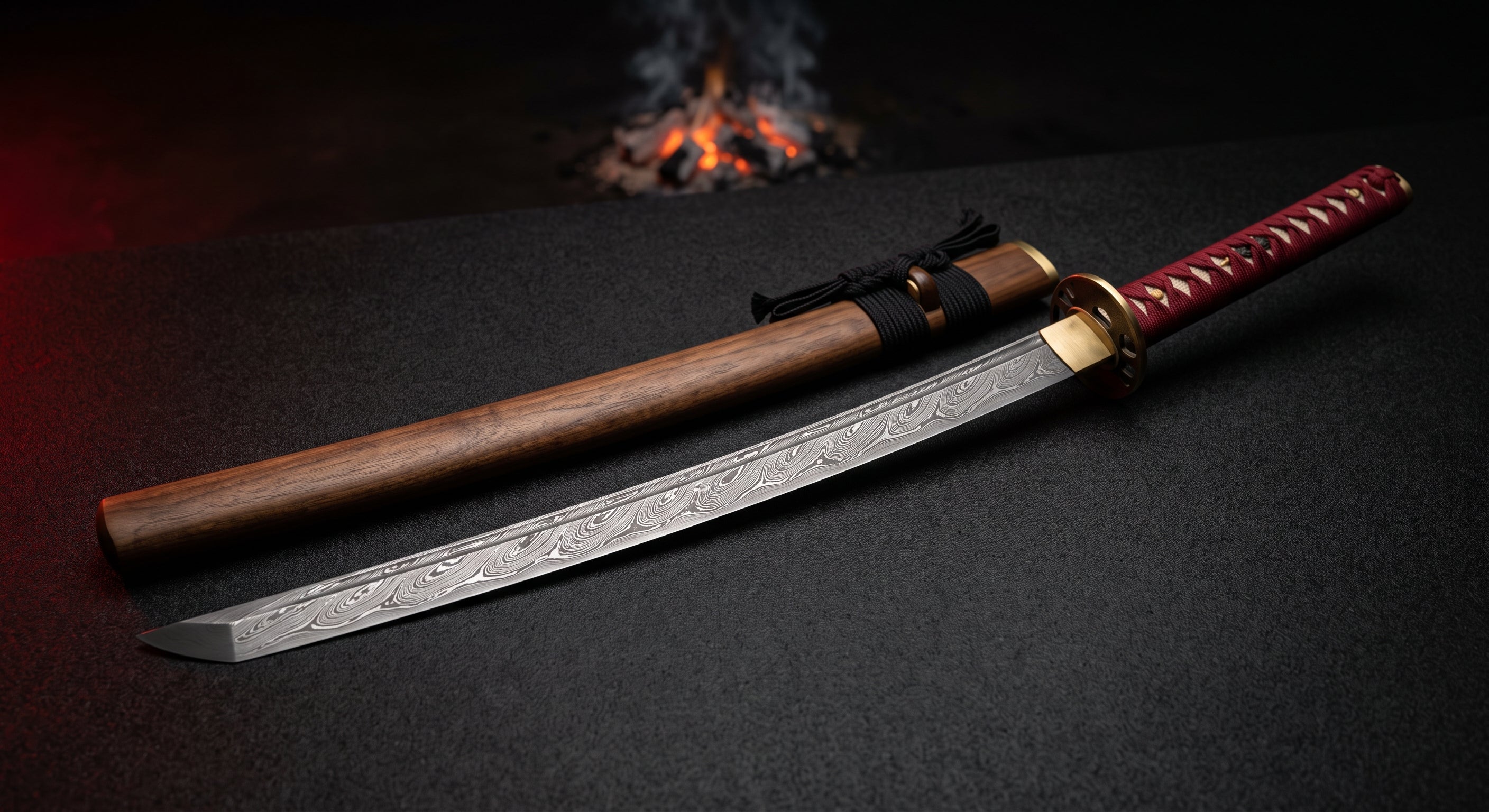 Damascus katana with a twist pattern blade, deep red ito wrap and a wooden oiled walnut saya