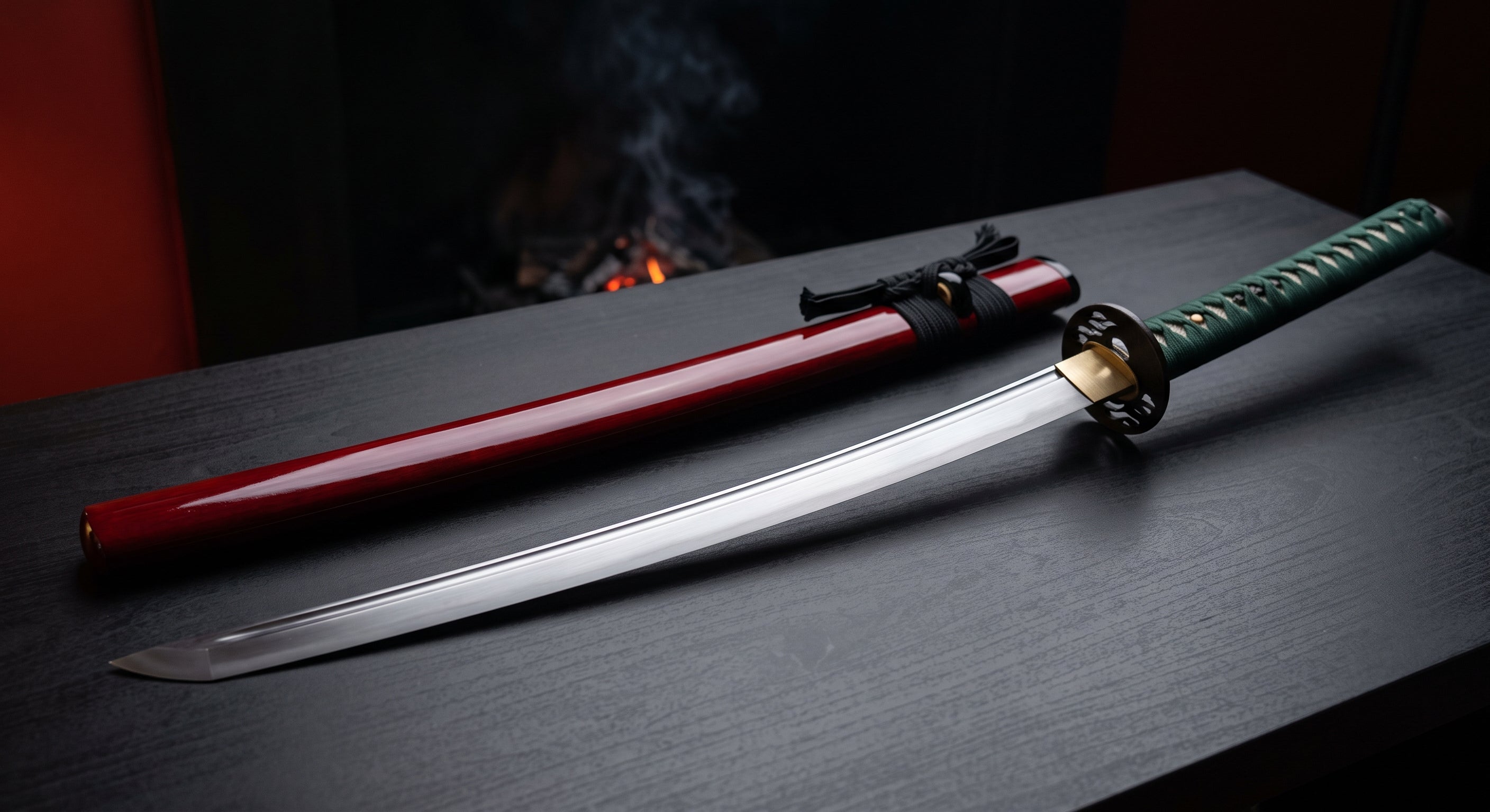 Hand forged katana with a deep curve, satin blade, green ito wrap and a wooden red lacquer saya