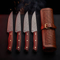 Damascus steak knife set of 4 with rosewood handles in a tooled leather knife roll