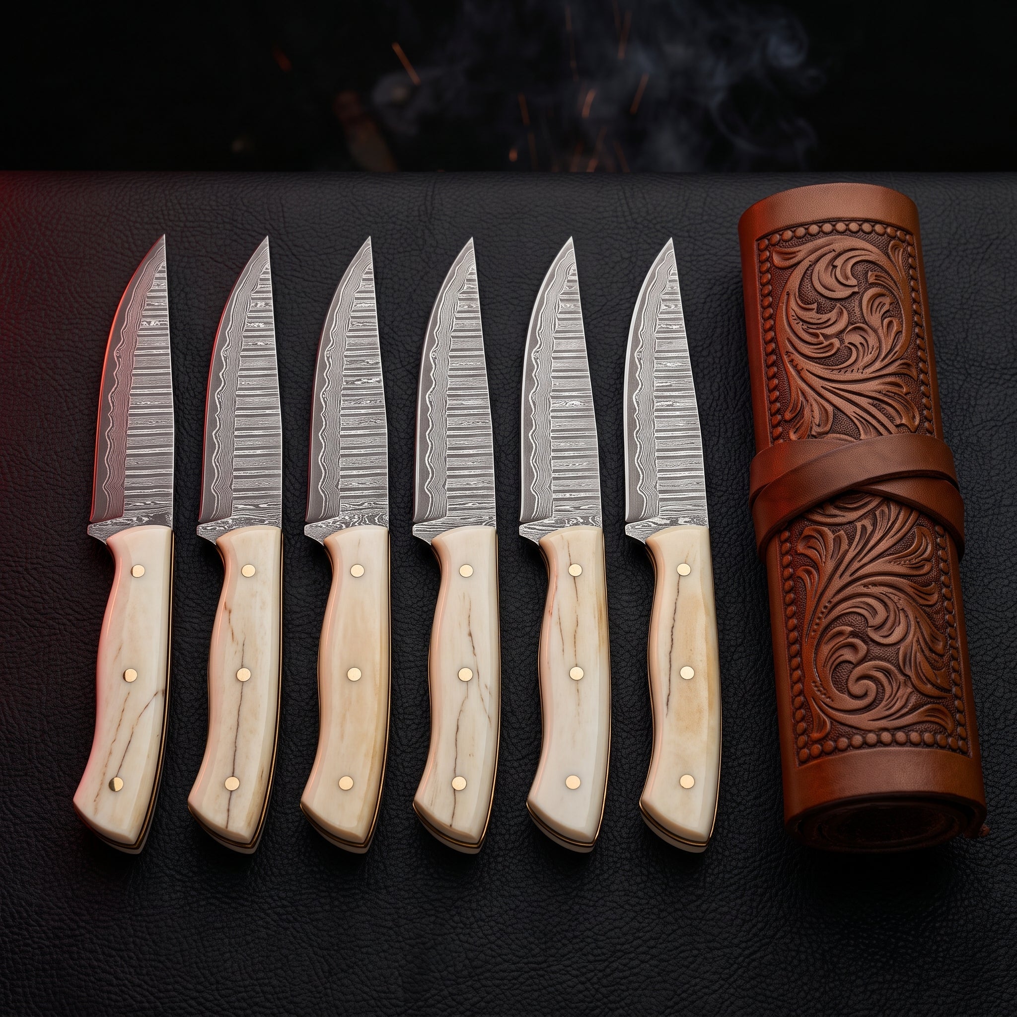 Damascus steak knife set of 6 with camel bone handles in a tooled leather knife roll