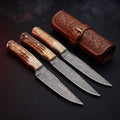 Damascus steak knife set of 4 with stag antler handles in a carved leather knife roll