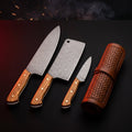 Damascus kitchen knife set of 3 with olive wood handles in a tooled leather knife roll