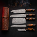 Damascus kitchen knife set of 5 with burl wood and resin handles in a tooled leather knife roll
