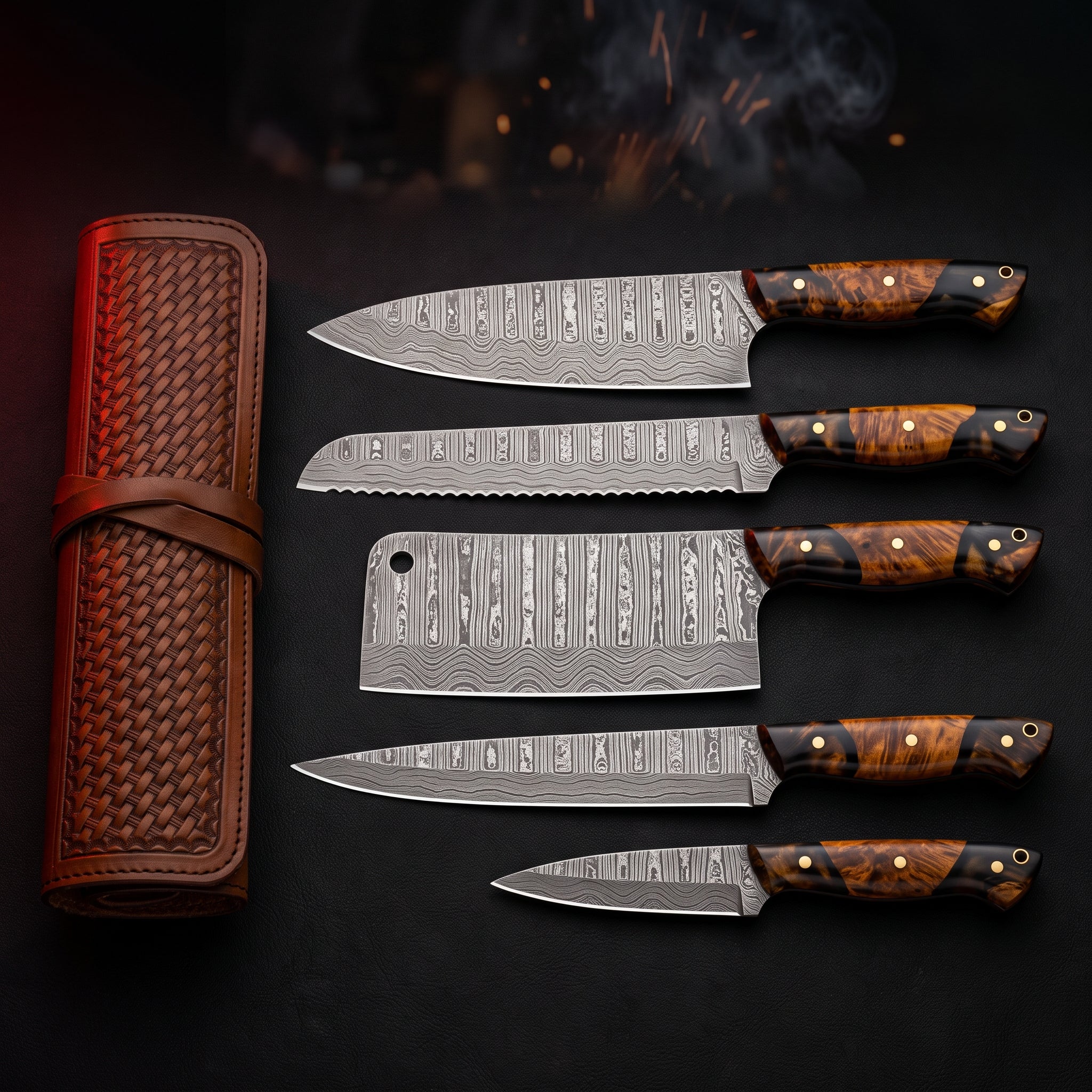 Damascus kitchen knife set of 5 with burl wood and resin handles in a tooled leather knife roll