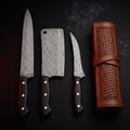 Damascus BBQ knife set of 3 with black micarta handles in a tooled leather knife roll