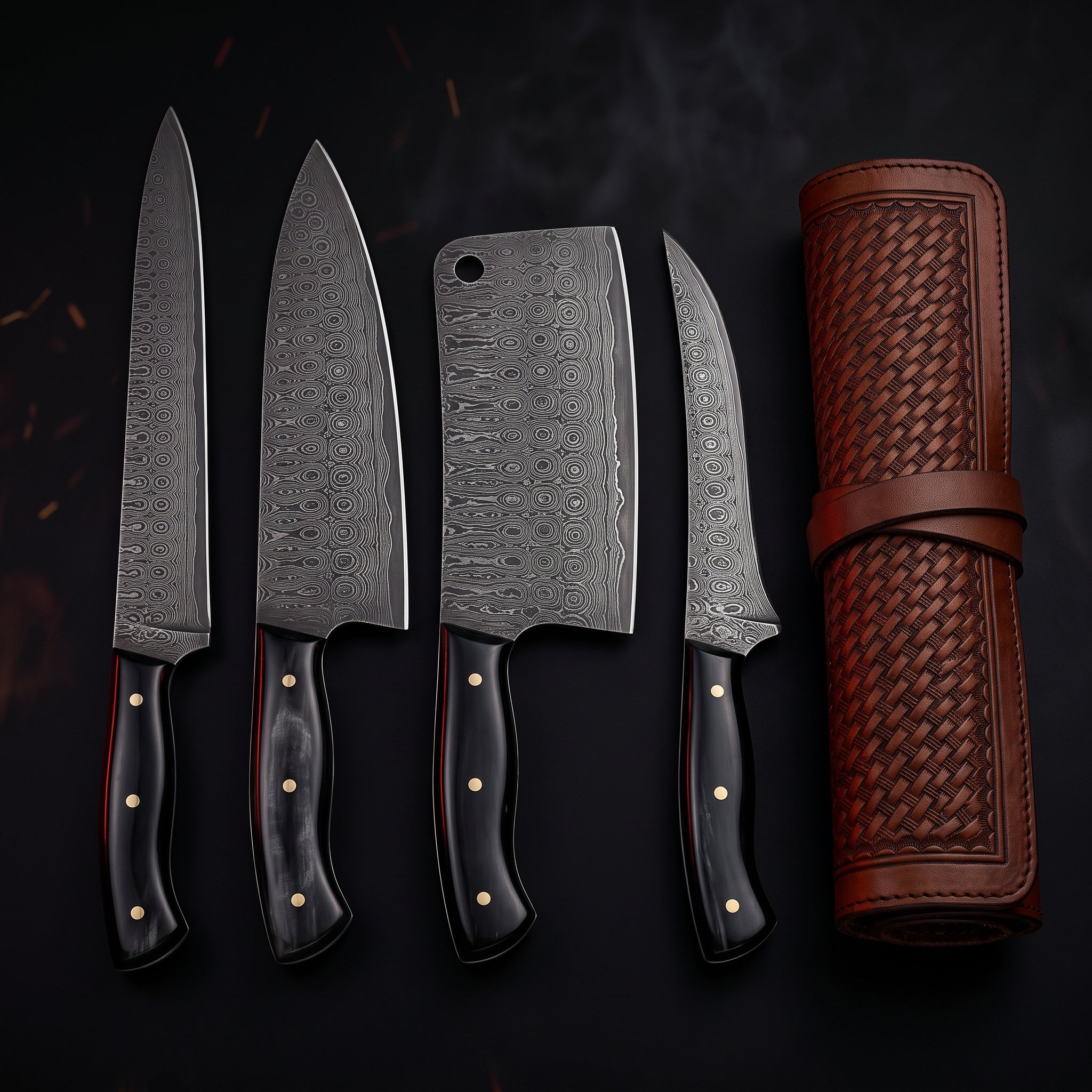 Damascus BBQ knife set of 4 with buffalo horn handles in a tooled leather knife roll