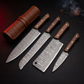 Damascus kitchen knife set of 4 with walnut handles in a tooled leather knife roll