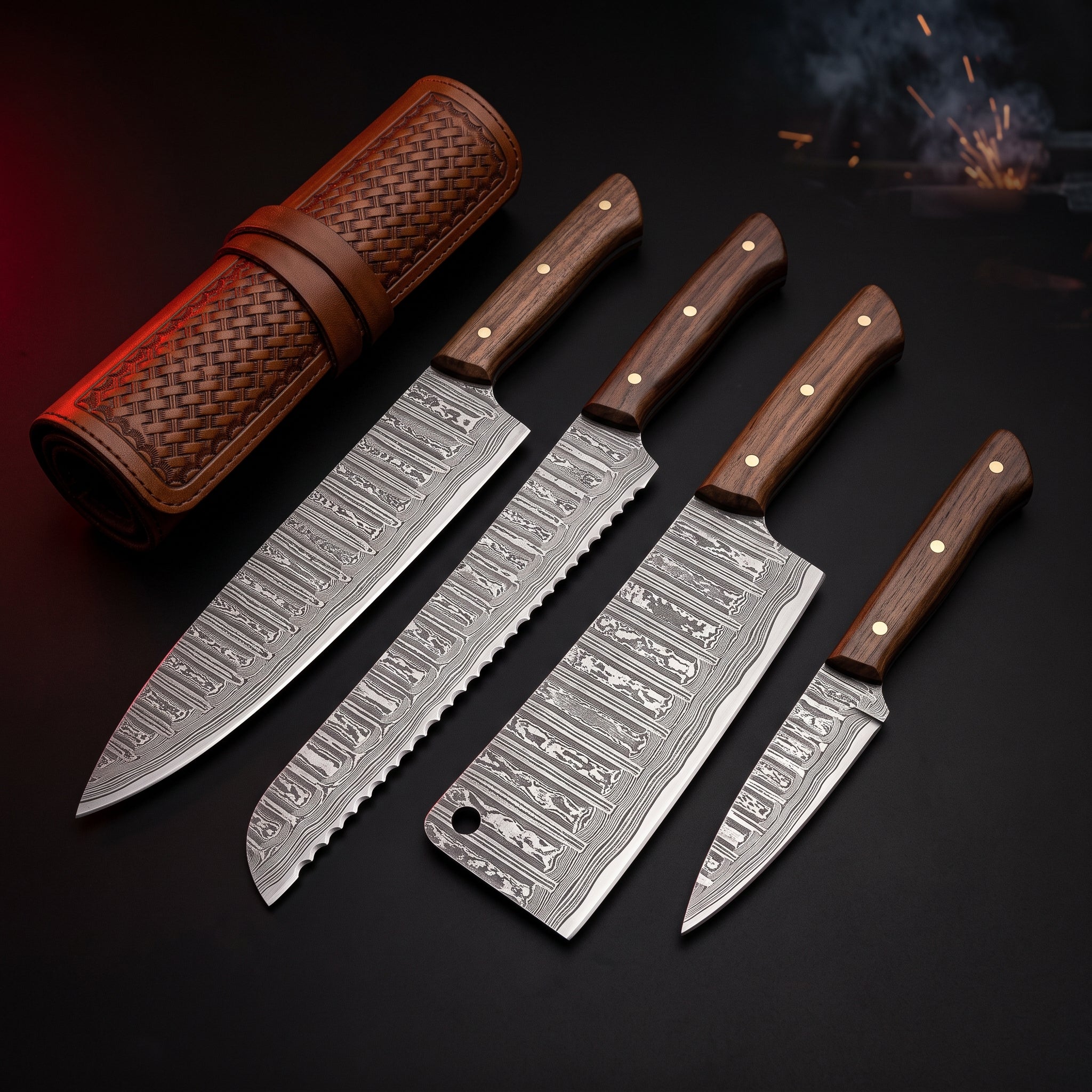 Damascus kitchen knife set of 4 with walnut handles in a tooled leather knife roll