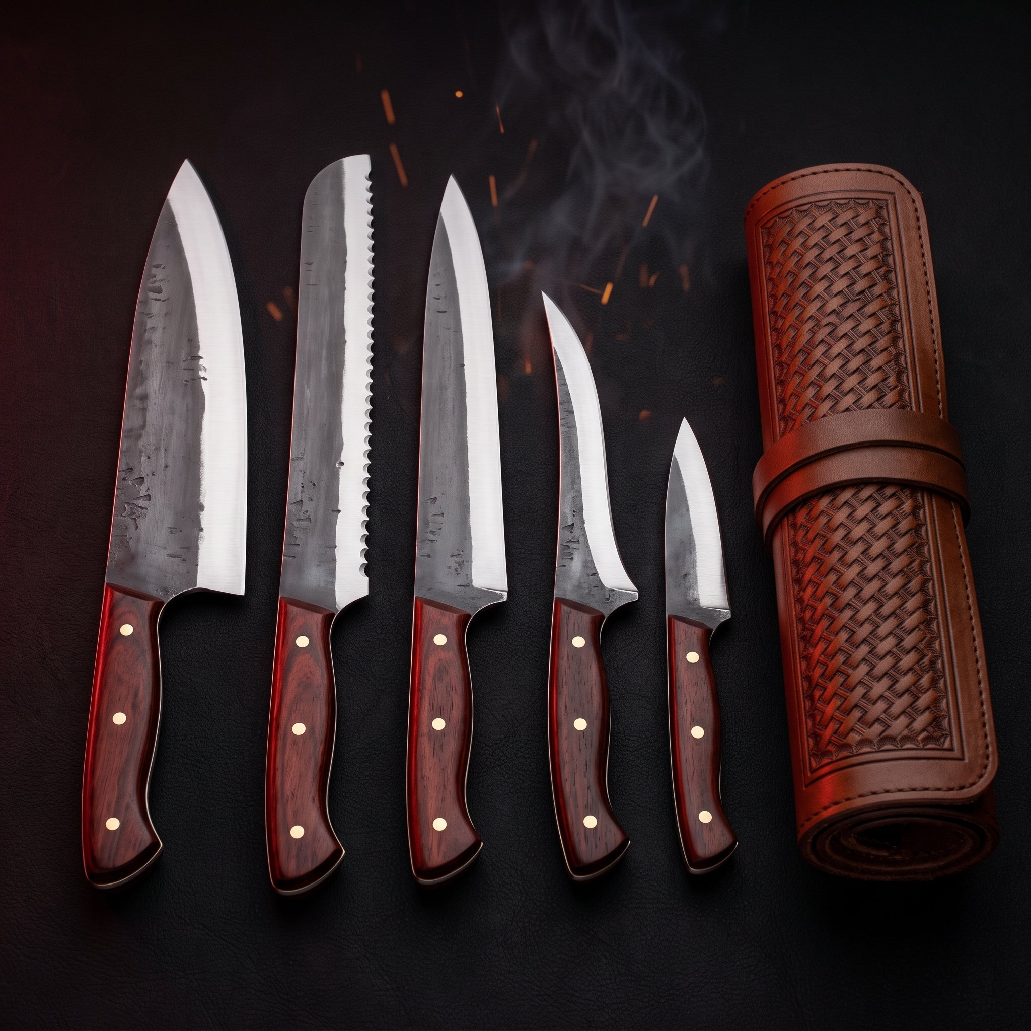 Hand forged 1095 kitchen knife set of 5 with rosewood handles in a tooled leather knife roll