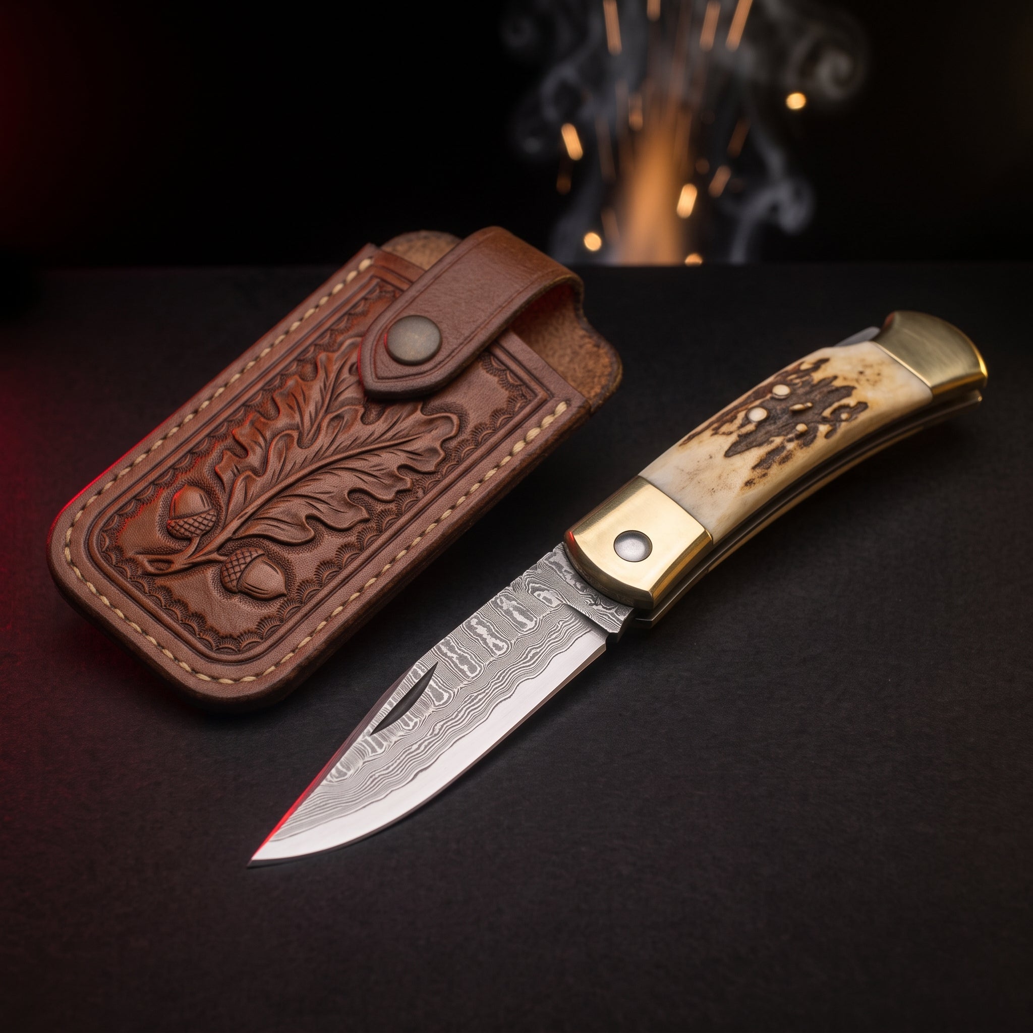 Damascus lock back folding knife with stag antler handle and tooled leather pouch
