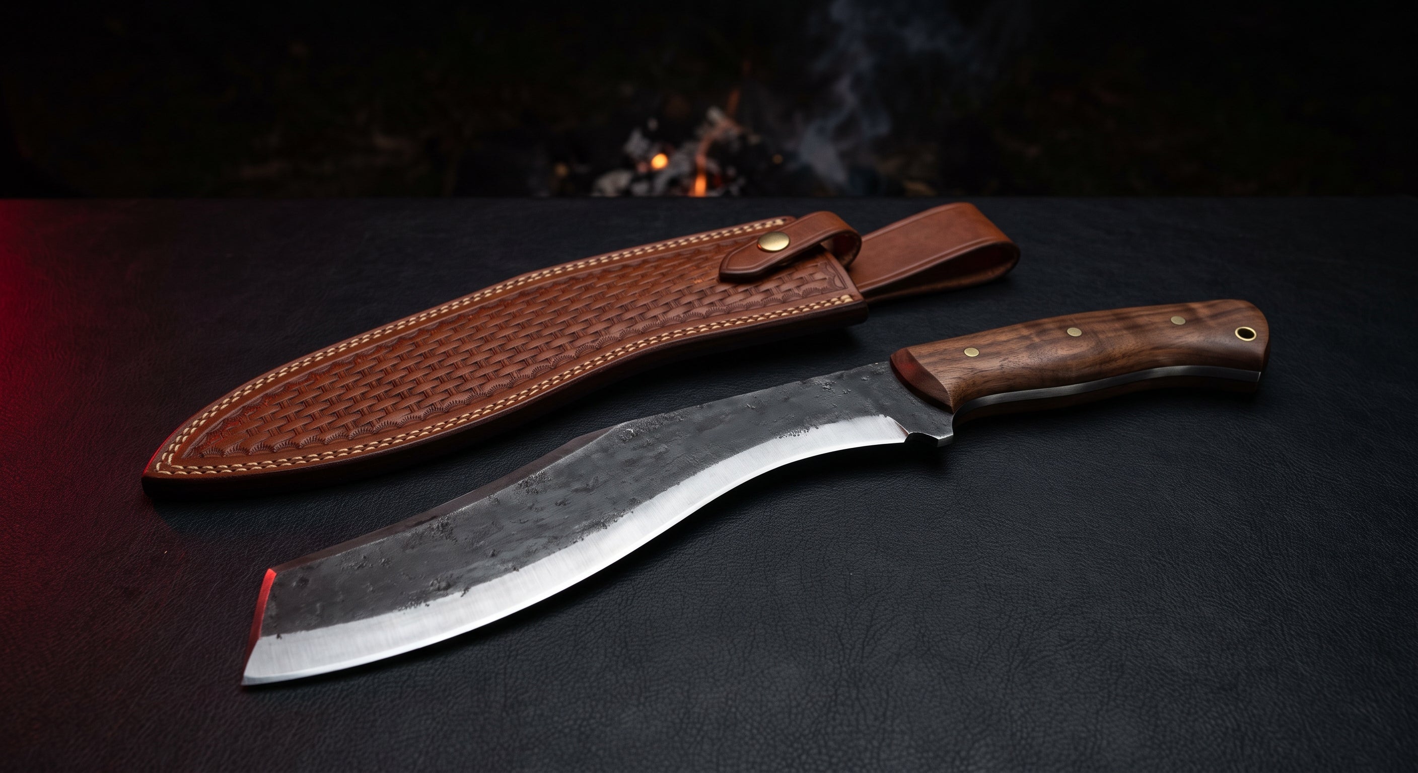 Hand forged kukri machete with a forward dropping blade, broad squared tip, walnut handle and a stamped leather sheath