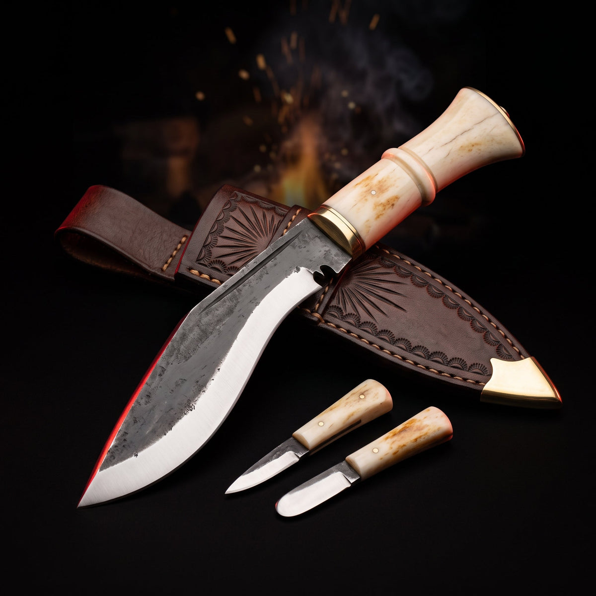 Hand forged mini kukri with camel bone handle, tooled leather scabbard, karda and chakmak