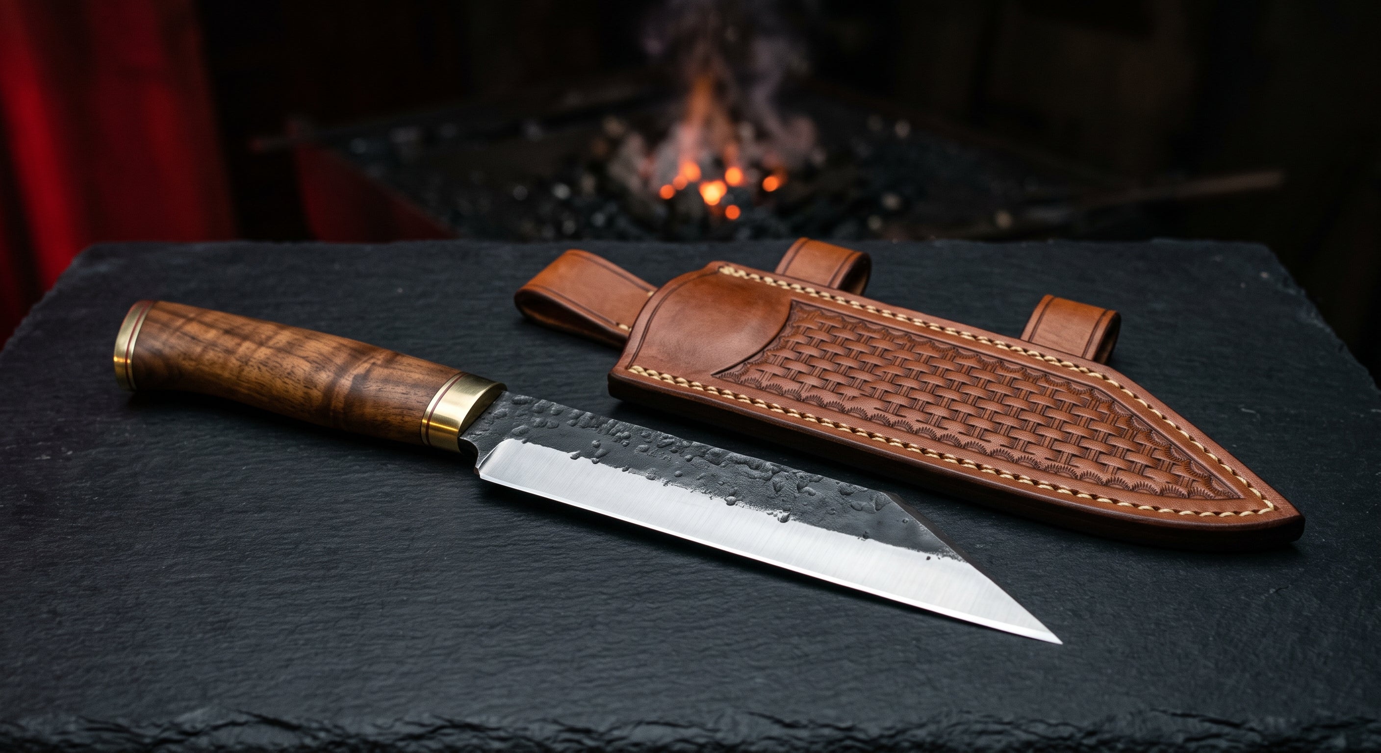 Hand forged seax knife with a straight edge, angled spine, walnut handle and a stamped leather sheath