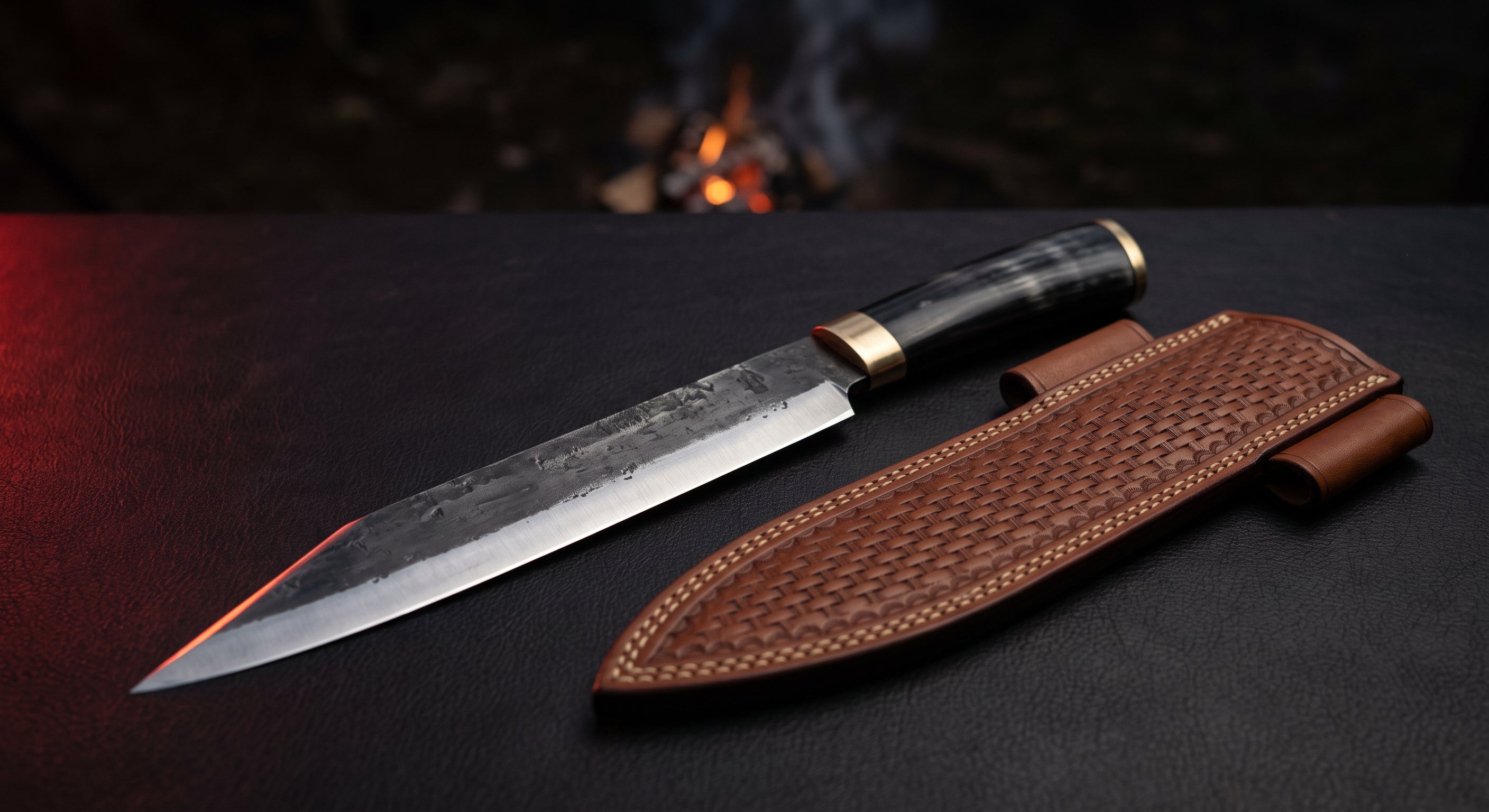 Hand forged seax knife with a straight edge, low point, water buffalo horn handle and a stamped leather sheath