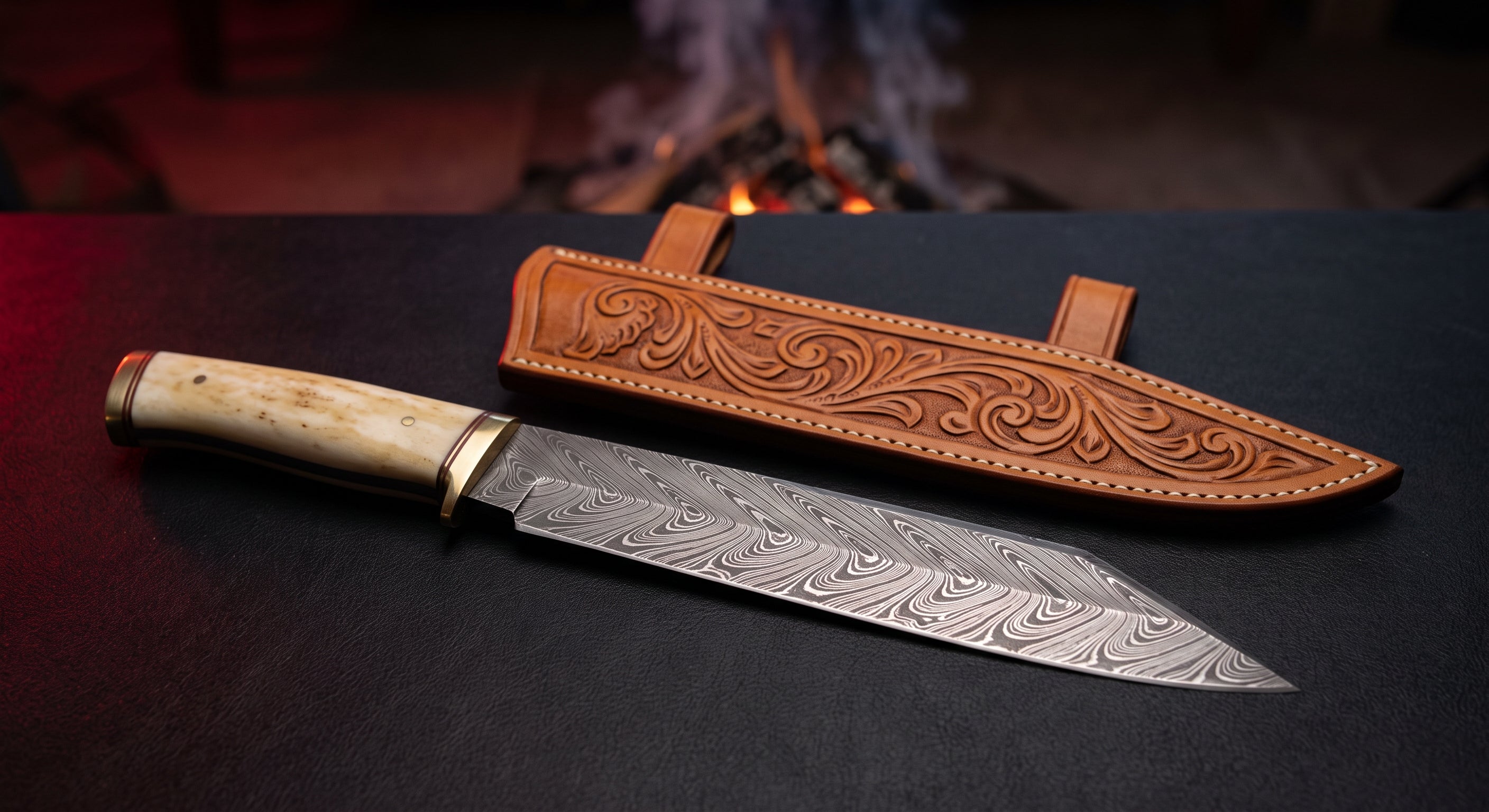 Damascus seax knife with a twist pattern blade, camel bone handle and a hand carved leather sheath