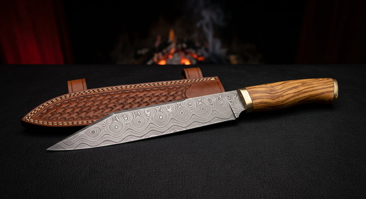 Damascus seax knife with a raindrop pattern blade, olive wood handle and a stamped leather sheath