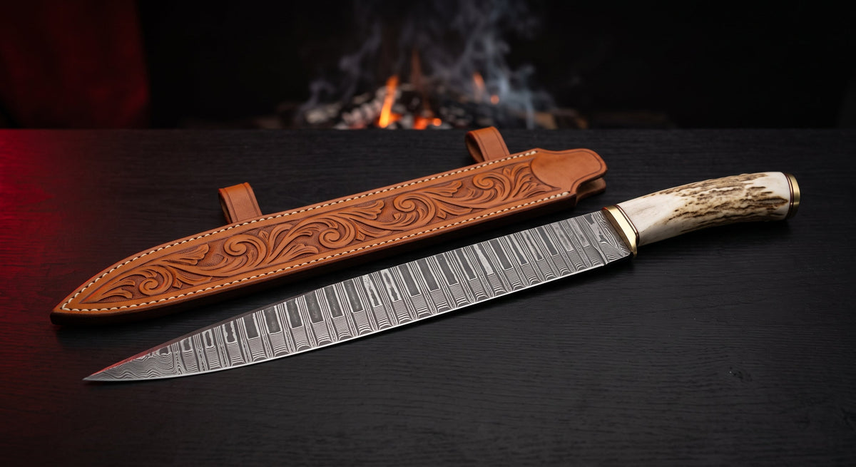 Damascus langseax with an 11 inch ladder pattern blade, stag antler handle and a hand carved leather sheath