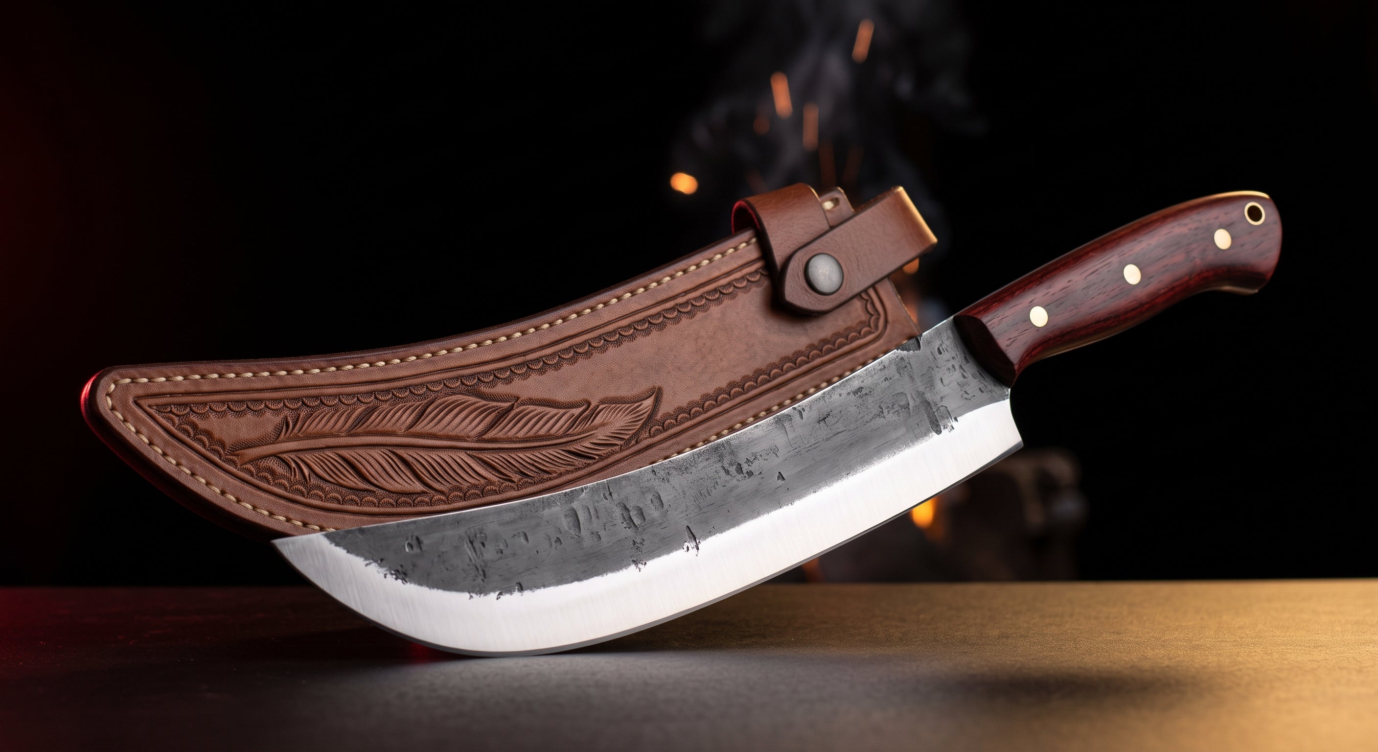 Hand forged Serbian chef knife with rosewood handle and tooled leather sheath
