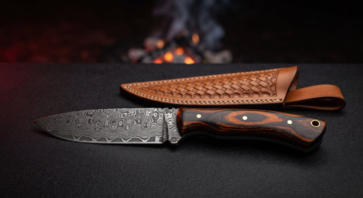 Damascus skinner knife with a raindrop pattern blade and a desert ironwood handle with swirling figure