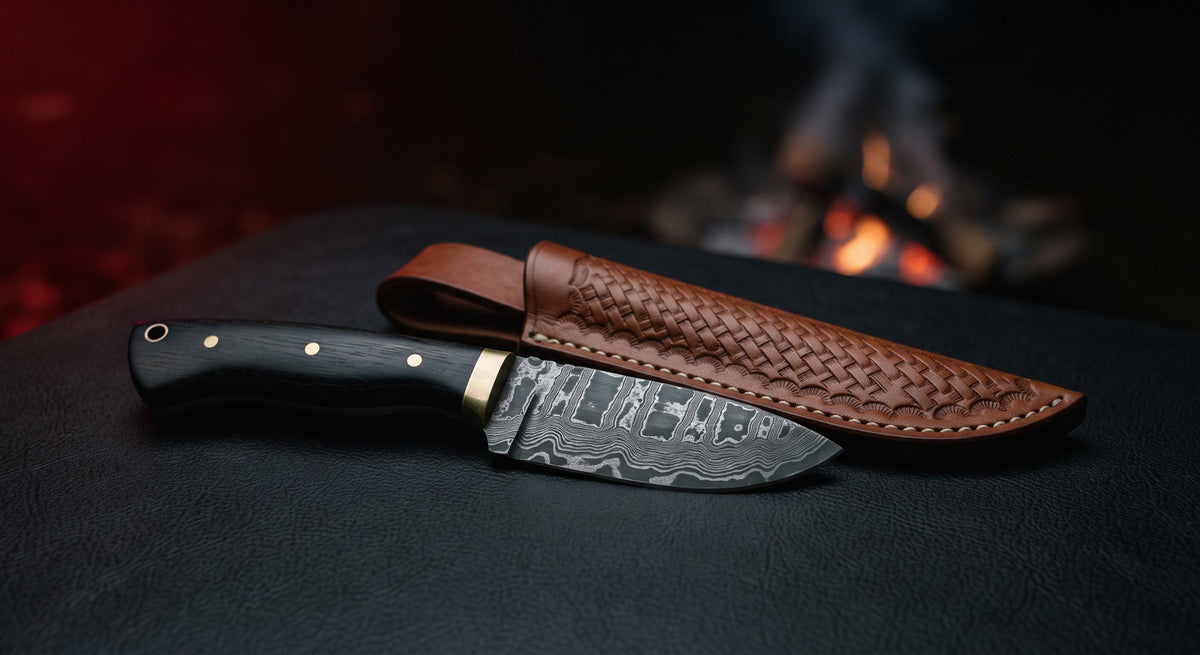 Damascus skinner knife with a ladder pattern blade, black ebony handle and a brass bolster