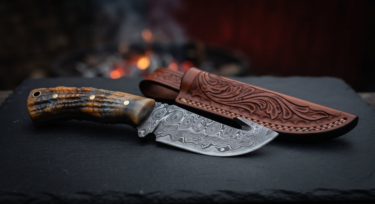 Damascus gut hook skinner with a twist pattern blade, notch cut into the spine and a ridged ram horn handle