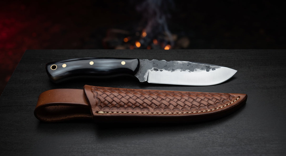 Hand forged skinning knife with a wide sweeping belly and a glossy black water buffalo horn handle