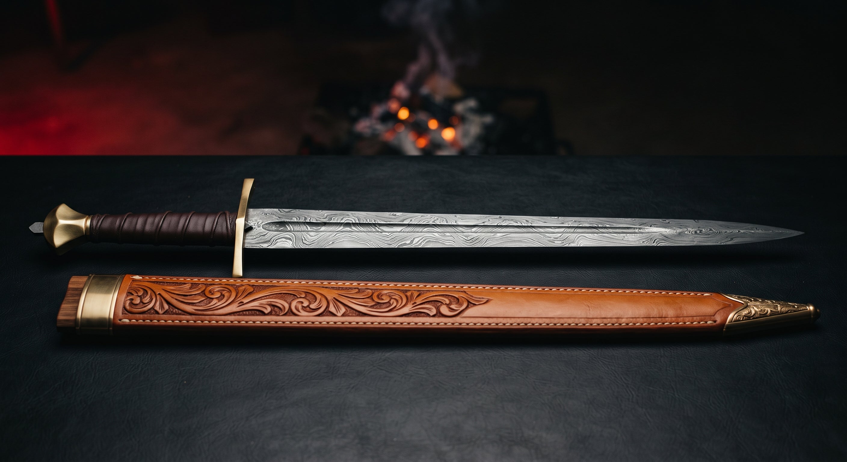Damascus arming sword with a twist pattern tapered blade, brass Brazil nut pommel and a hand carved leather scabbard