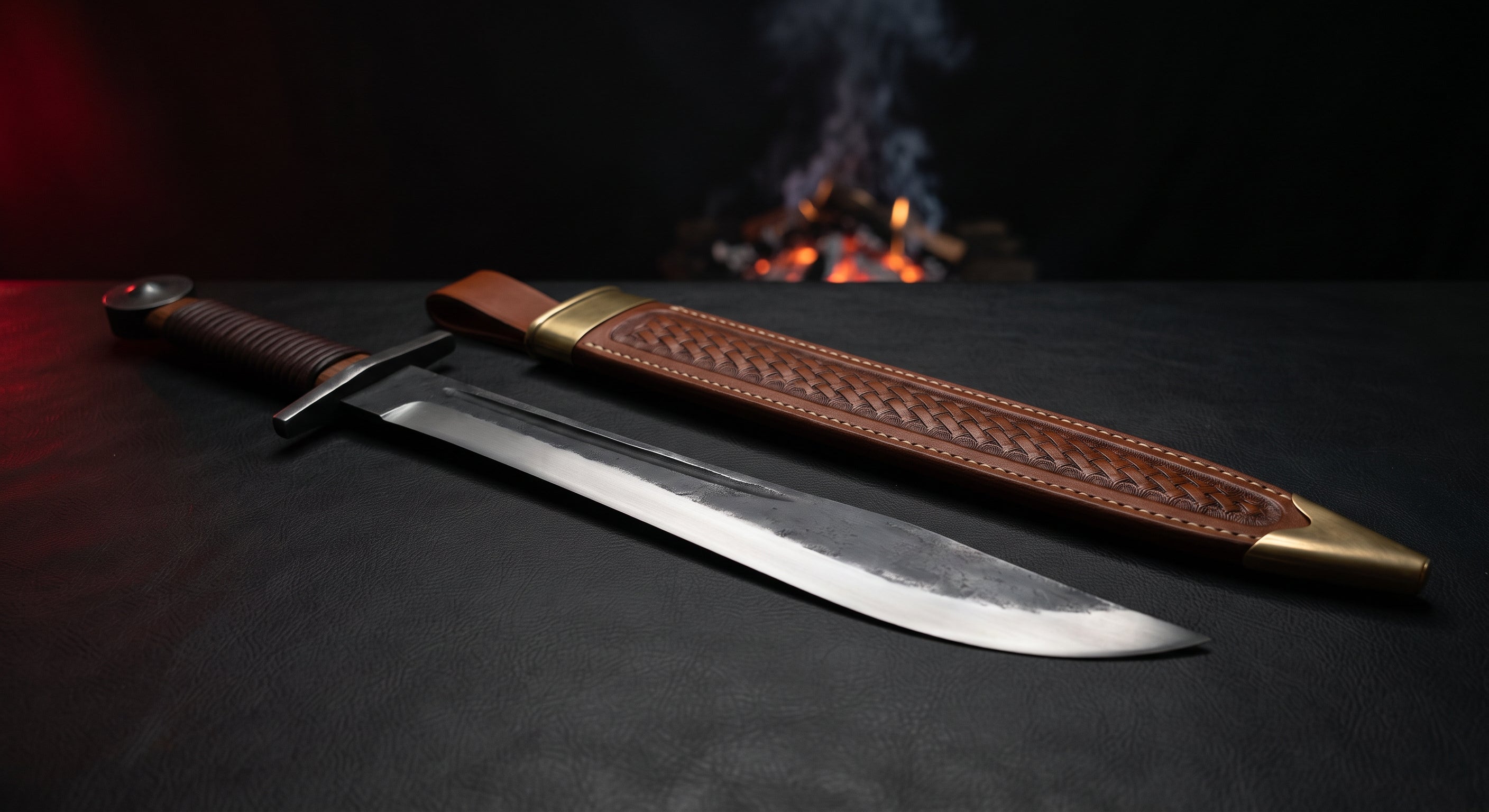 Hand forged falchion with a single edged blade widening toward the tip, iron disc pommel and a stamped leather scabbard