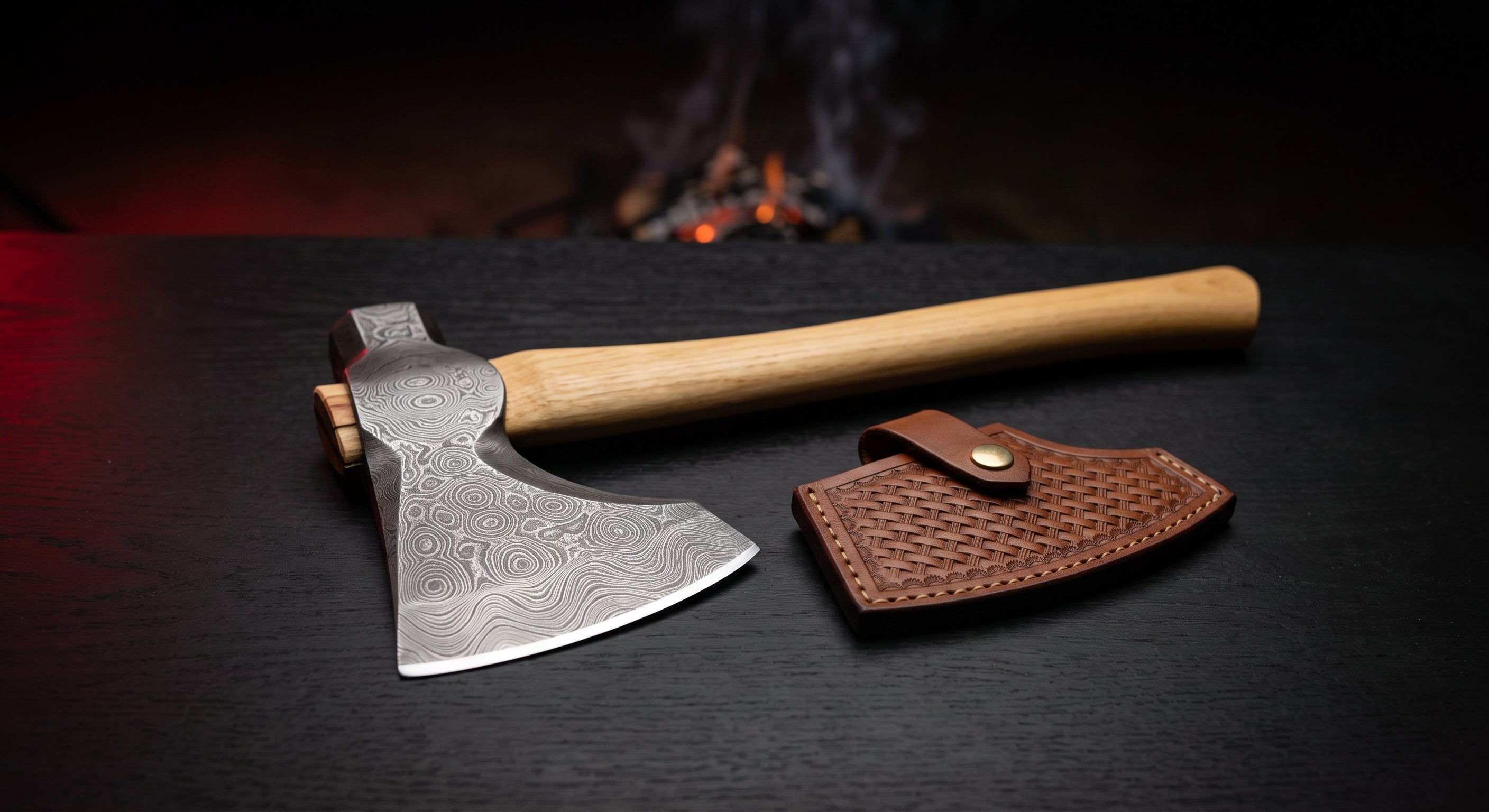 Damascus throwing hatchet with a raindrop pattern head, hickory handle and a stamped leather cover