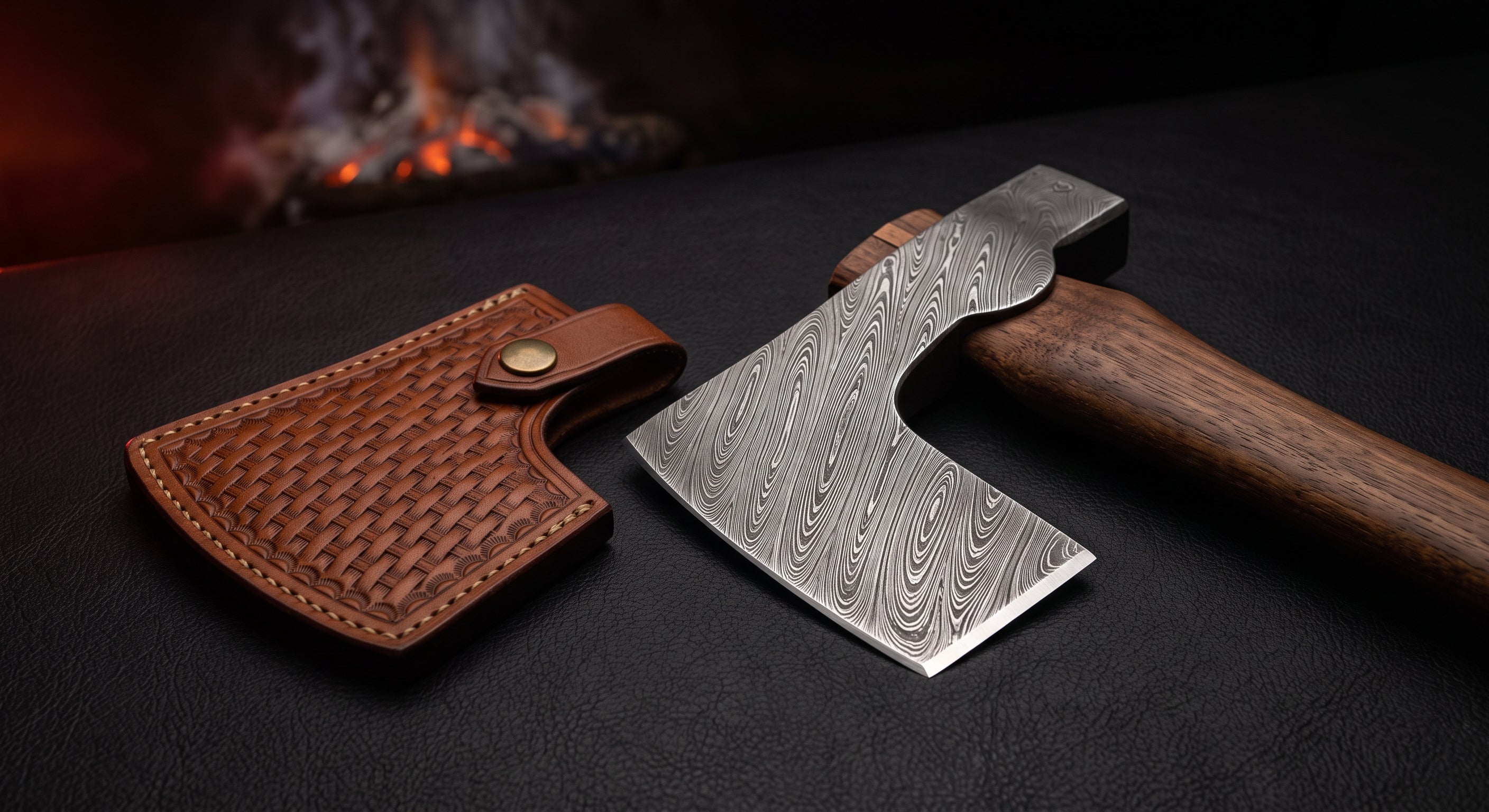 Damascus throwing axe with a twist pattern head, walnut handle and a stamped leather cover