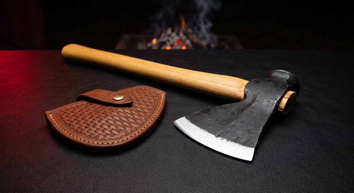 Hand forged throwing axe with a 4 inch bit, 16 inch hickory handle and a stamped leather cover