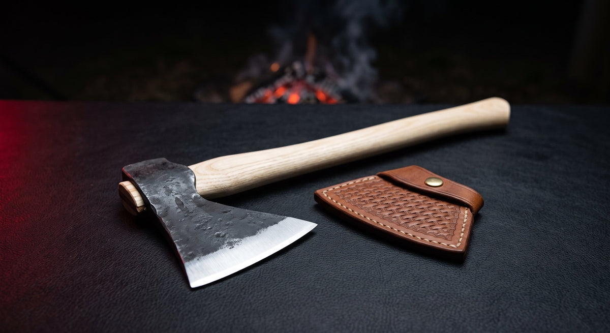 Hand forged throwing axe with a thin bit, 16 inch ash handle and a stamped leather cover