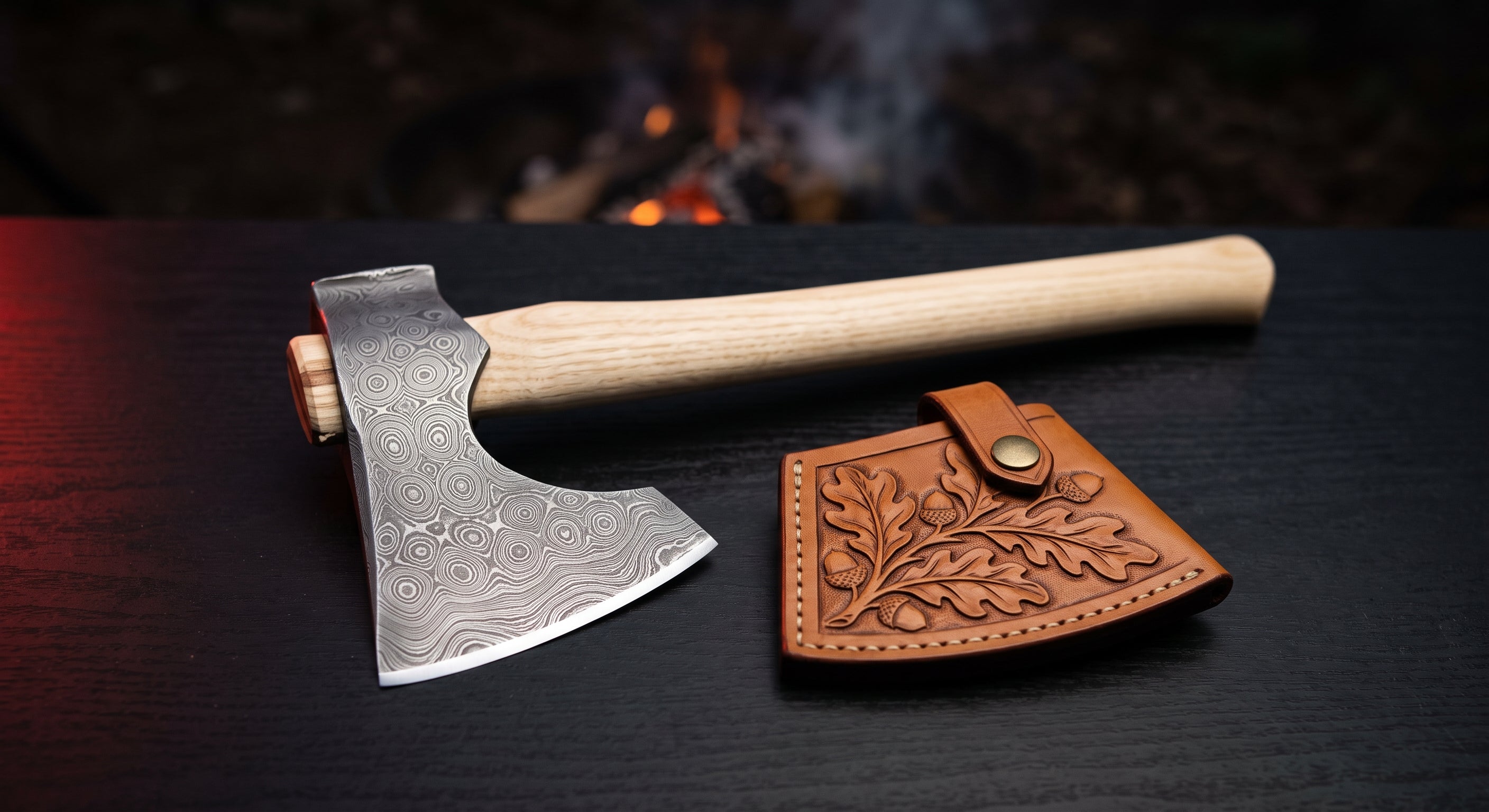 Damascus throwing axe with a bearded raindrop pattern head, ash handle and a hand carved leather cover