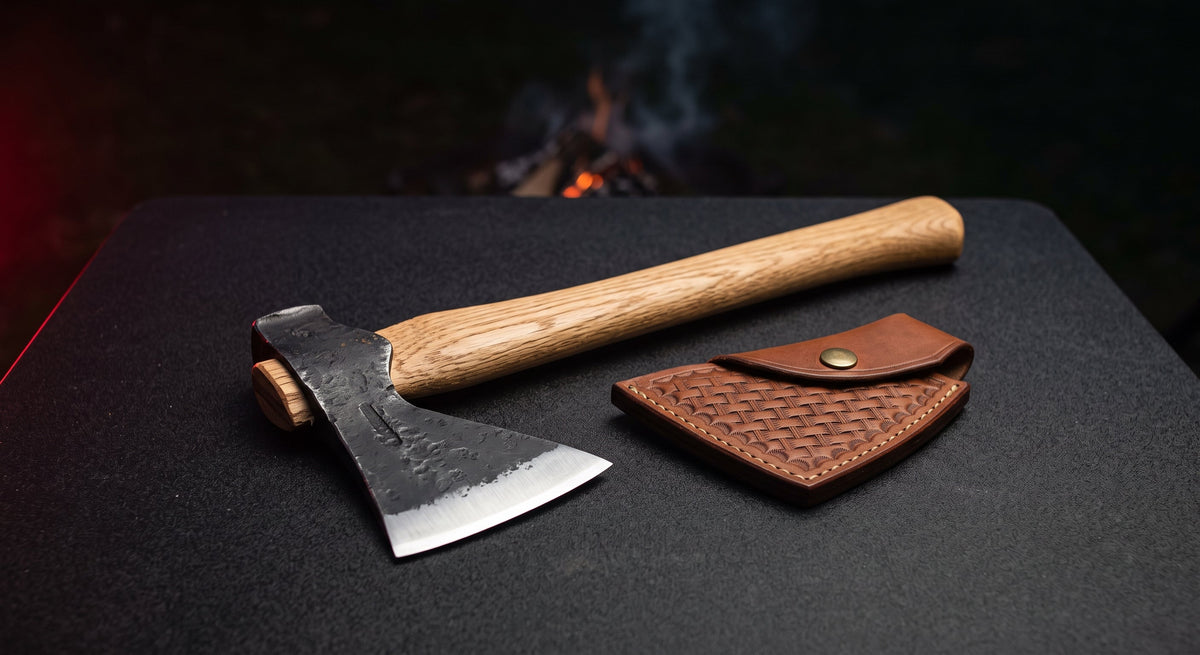 Hand forged throwing axe with a thin bit, 16 inch oak handle and a stamped leather cover