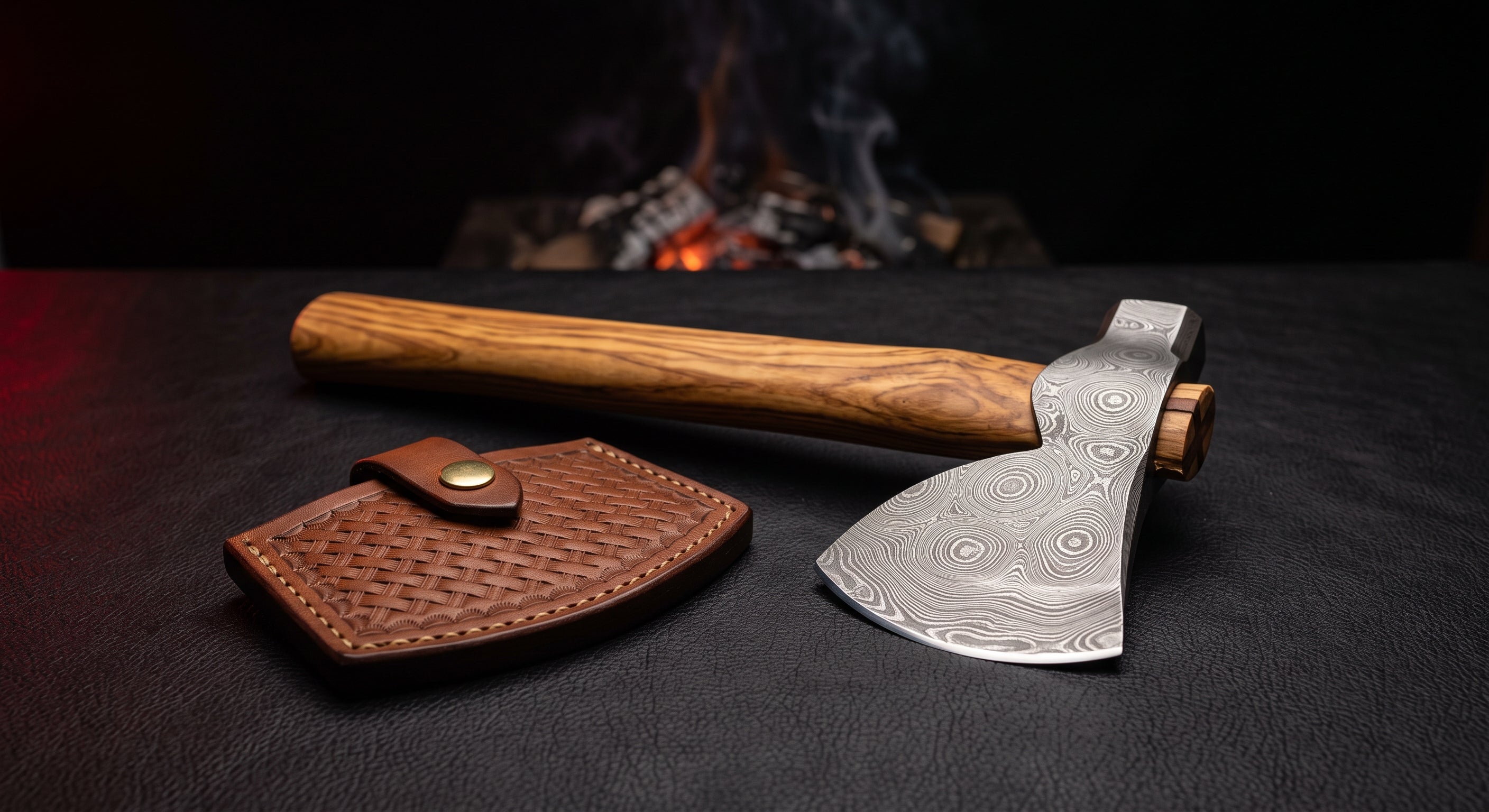 Damascus throwing hatchet with a raindrop pattern head, olive wood handle and a stamped leather cover
