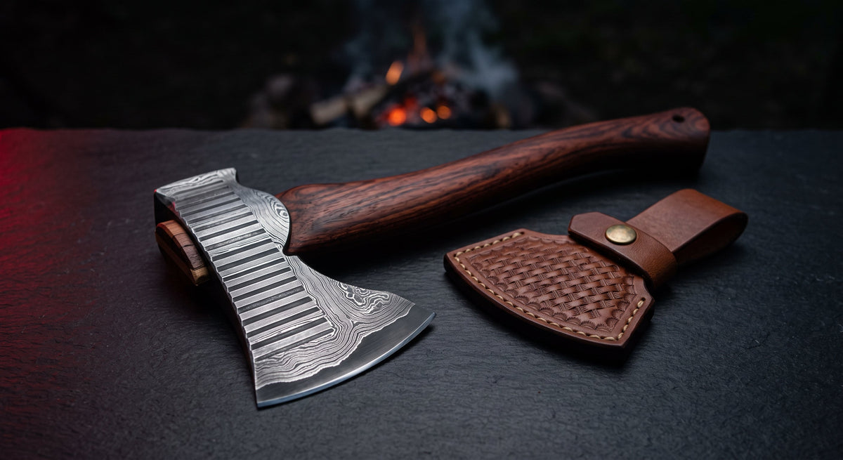 Damascus tomahawk with a ladder pattern head, rosewood handle and a stamped leather head cover