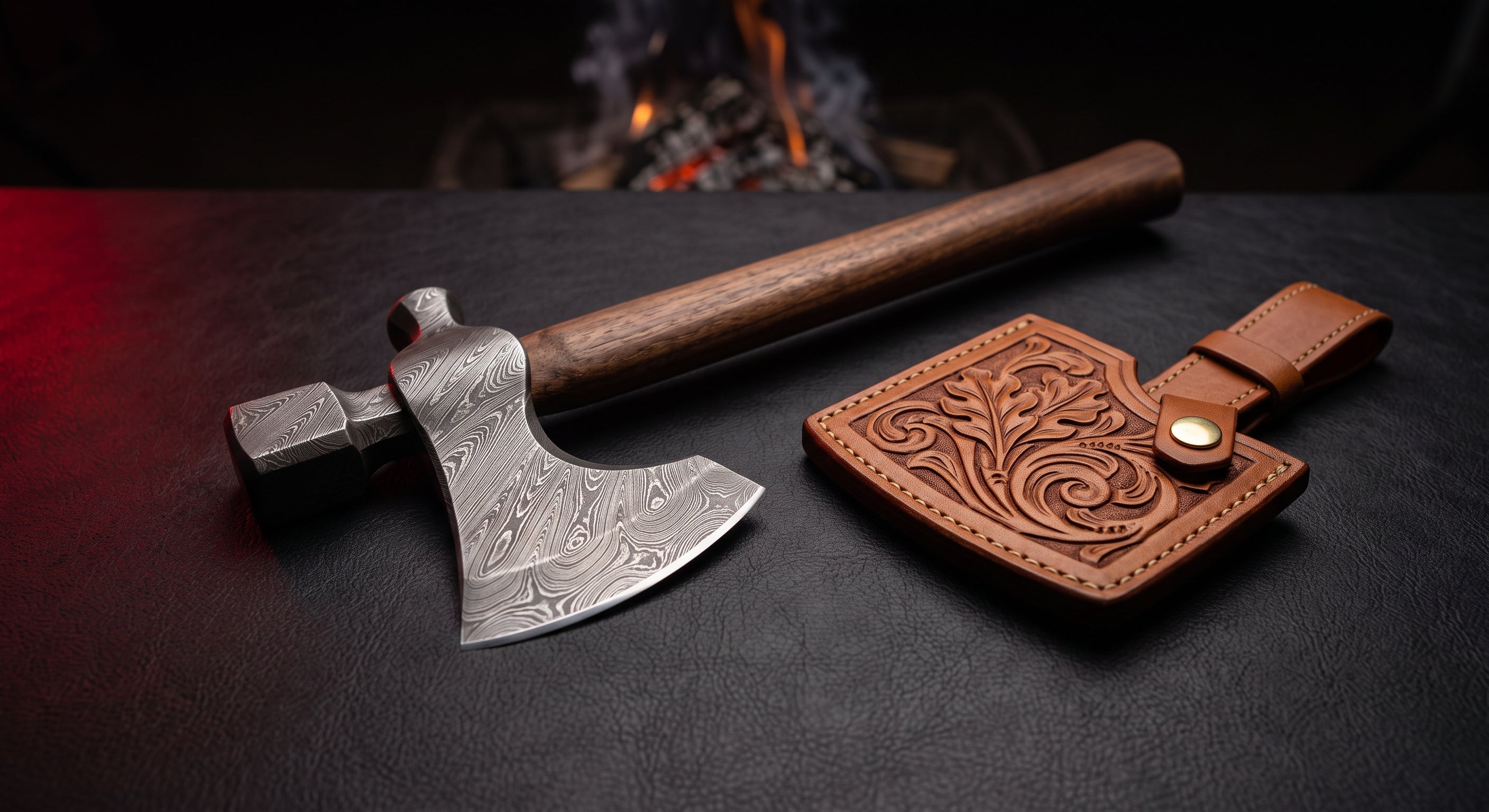 Damascus tomahawk with a twist pattern head, walnut handle and a hand carved leather head cover