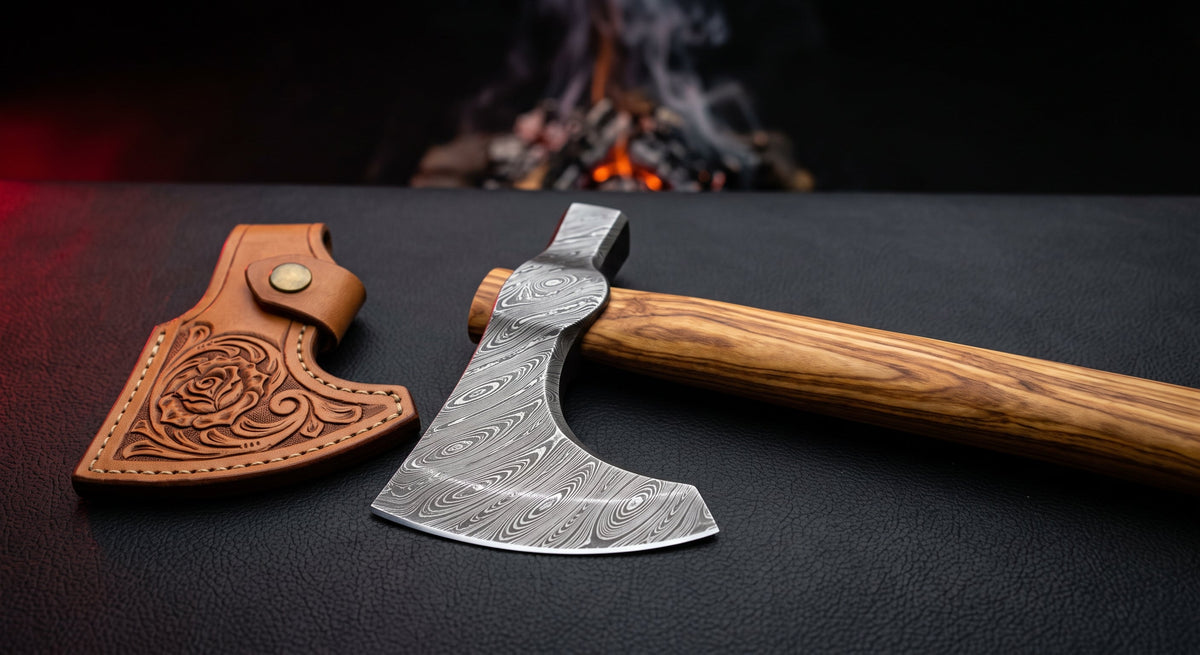 Damascus tomahawk with a bearded twist pattern head, olive wood handle and a hand carved leather cover