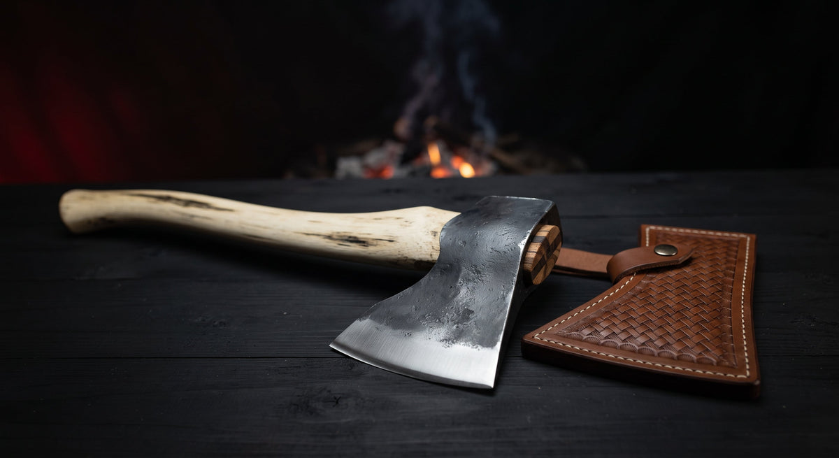 Hand forged viking bearded axe with a deep beard, 24 inch ash handle and a stamped leather head cover