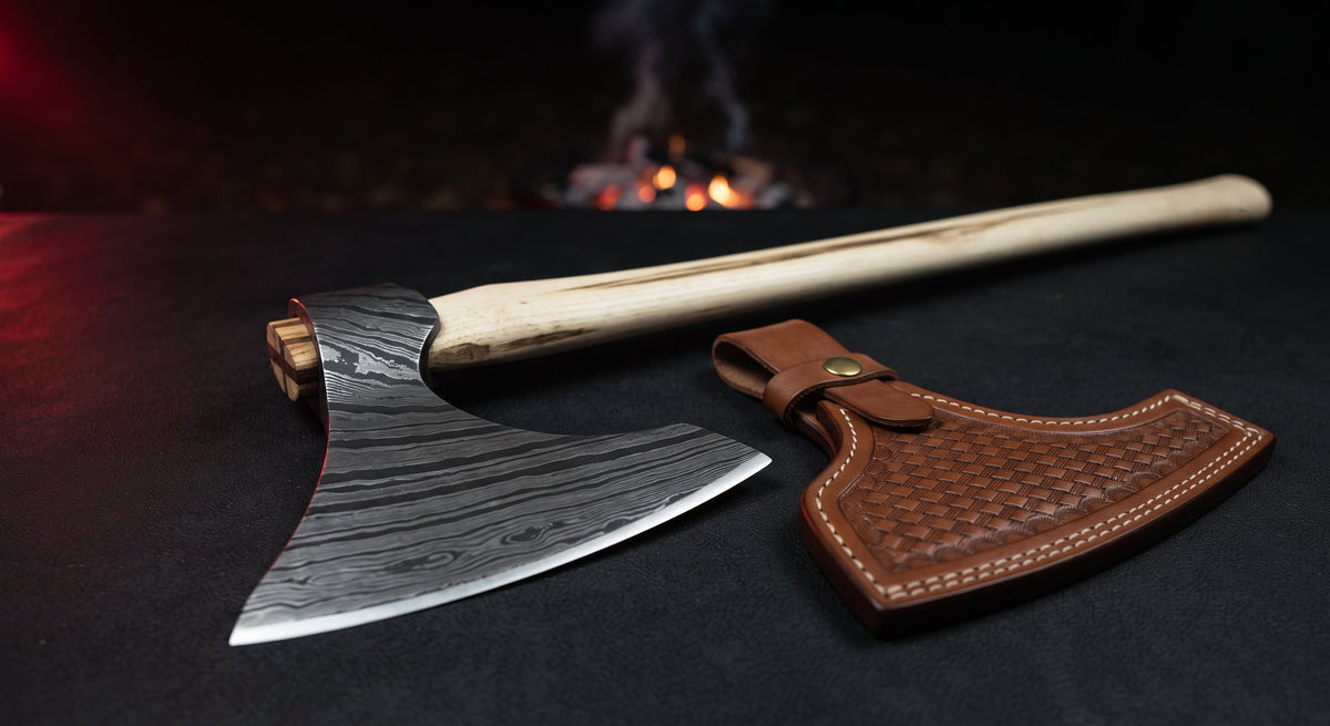 Damascus viking bearded axe with a ladder pattern head, hickory handle and a stamped leather head cover