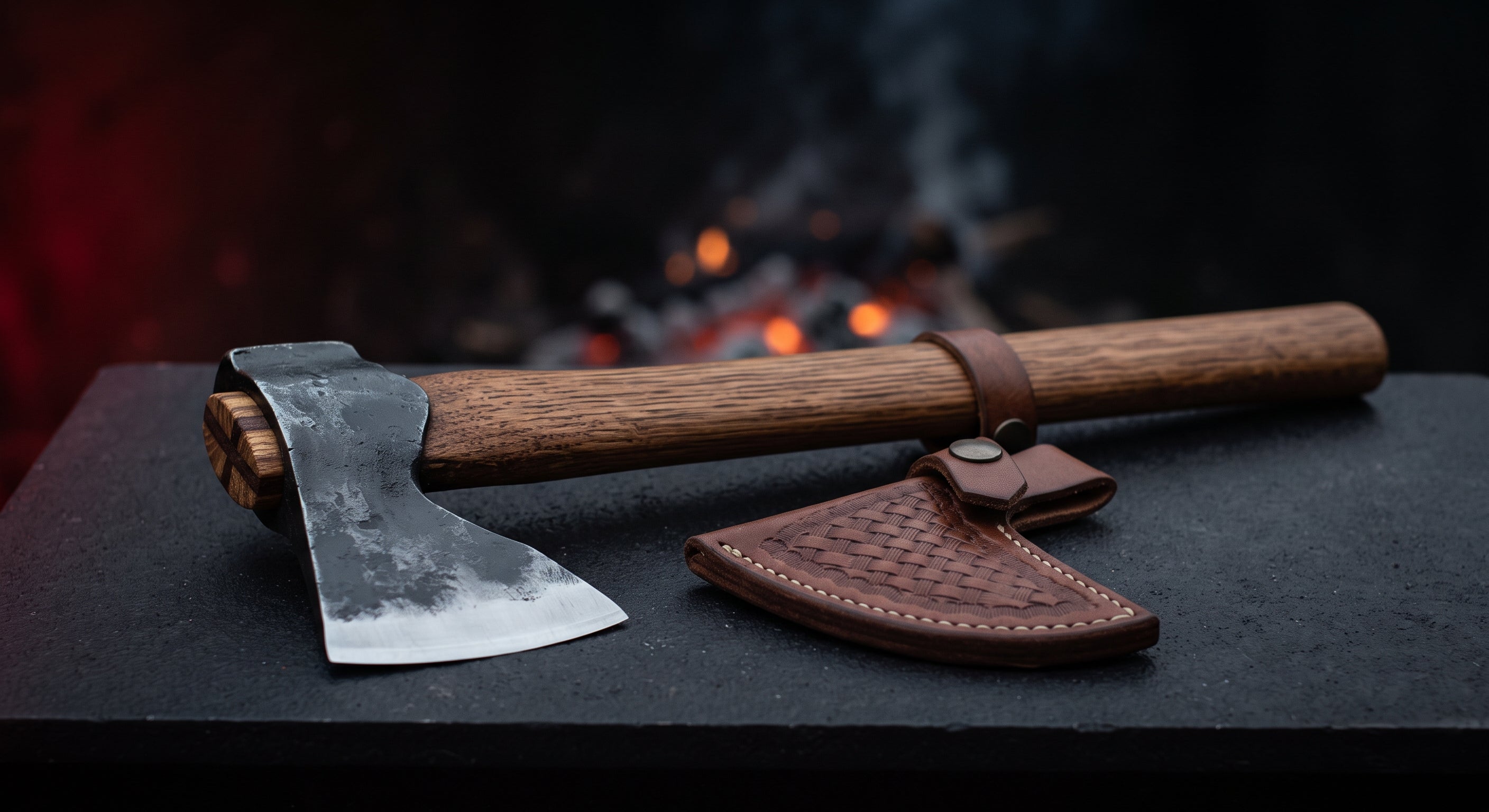 Hand forged viking hand axe with a short flared cutting edge, 15 inch oak handle and a stamped leather cover