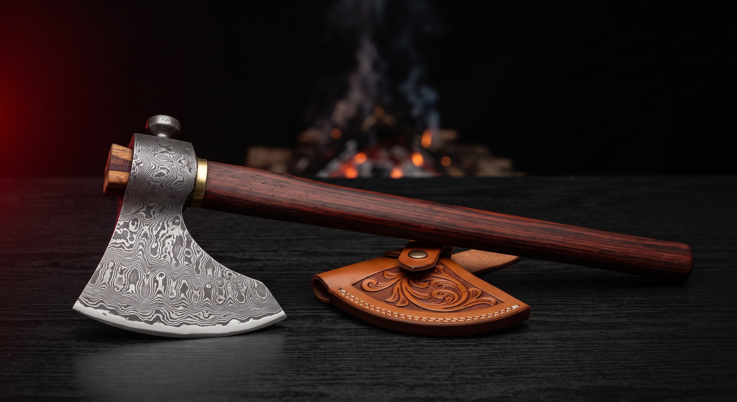 Damascus viking axe with a raindrop pattern head, rosewood handle with a brass collar and a hand carved leather cover