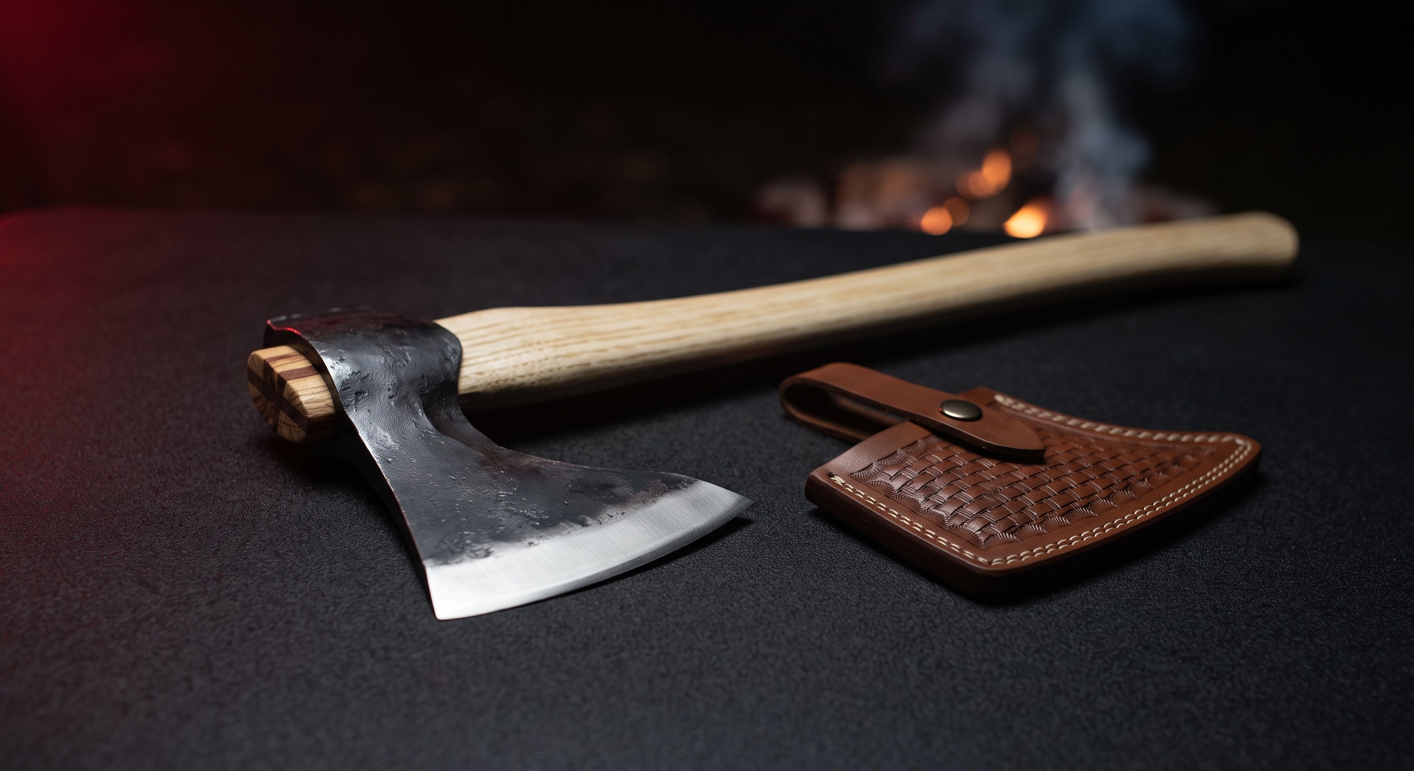 Hand forged viking broad axe with a tall wide cutting edge, 20 inch ash handle and a stamped leather cover