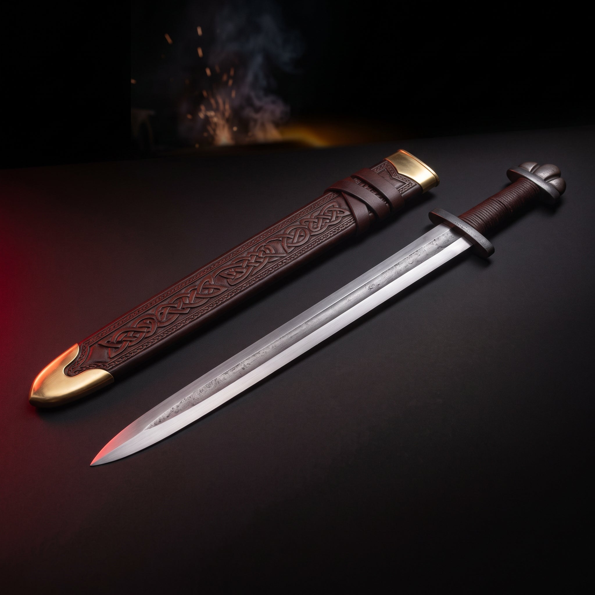 Hand forged viking sword with leather wrapped grip, lobed pommel and tooled leather scabbard