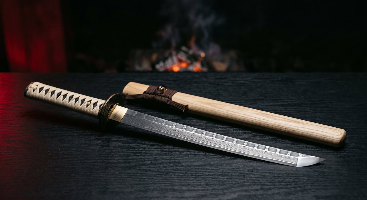 Damascus wakizashi with a ladder pattern blade, cream ito over black rayskin and a wooden pale ash saya